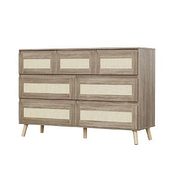 Rattan 7 Drawer Dresser for Bedroom Wooden Chest of Drawers With Storage Clothes Organizer Cabinet