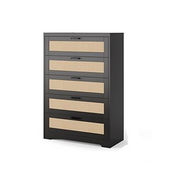Tall Rattan Dresser 5 Drawer Chest Modern Wooden Storage Cabinet With Wide Top for Bedroom Living