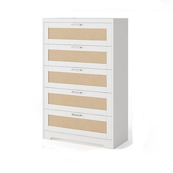 Tall Rattan Dresser 5 Drawer Chest Modern Wooden Storage Cabinet With Wide Top for Bedroom Living