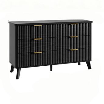 47-Inch Tall Fluted Bedroom Dresser with 6 Deep Drawers Faux Marble Top Curved Profile