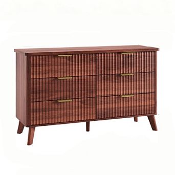 47-Inch Tall Fluted Bedroom Dresser with 6 Deep Drawers Faux Marble Top Curved Profile
