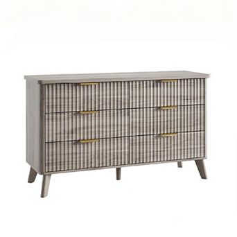 47-Inch Tall Fluted Bedroom Dresser with 6 Deep Drawers Faux Marble Top Curved Profile