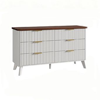 47-Inch Tall Fluted Bedroom Dresser with 6 Deep Drawers Faux Marble Top Curved Profile