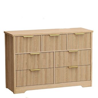 Modern Fluted Dresser 7 Drawer Wide Bedroom Storage Cabinet Oak TV Stand Wicker Furniture for