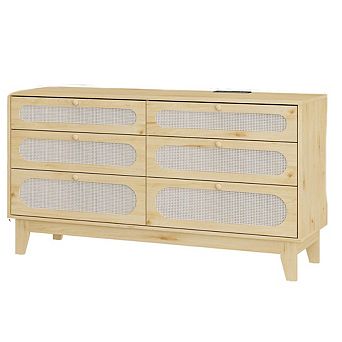Wooden 6 Rattan Drawer Dresser with USB Ports Outlets Chests of Drawers Storage for Bedroom Living