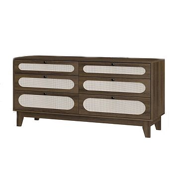 Wooden 6 Rattan Drawer Dresser with USB Ports Outlets Chests of Drawers Storage for Bedroom Living