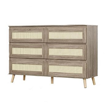 Wooden Dressers for Bedroom With 6 Drawers Wide Wood Chest of Drawers for Living Room Hallway Boho