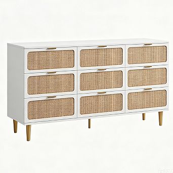 Tall Rattan 9-Drawer Dresser with Deep Drawers Wide Top Wooden Material Space Saving