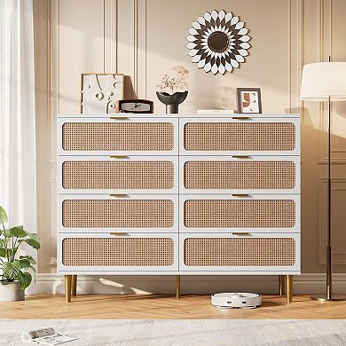 Tall 8-Drawer Rattan Dresser with Deep Storage Wide Top Wooden Material Space Saving