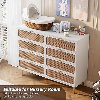 Tall 8-Drawer Rattan Dresser with Deep Storage Wide Top Wooden Material Space Saving