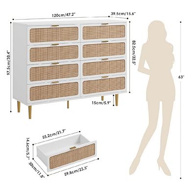 Tall 8-Drawer Rattan Dresser with Deep Storage Wide Top Wooden Material Space Saving