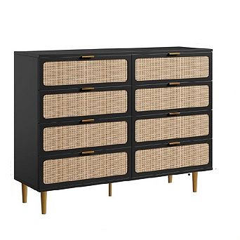 Tall 8-Drawer Rattan Dresser with Deep Storage Wide Top Wooden Material Space Saving