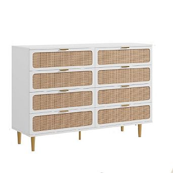 Tall 8-Drawer Rattan Dresser with Deep Storage Wide Top Wooden Material Space Saving