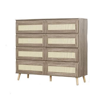 Modern Farmhouse Rattan 8-Drawer Dresser, Wooden Bedroom Storage Chest