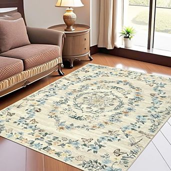 Modern Floral Area Rug Machine Washable Non Slip Low Pile Indoor Carpet for Living Room Bedroom