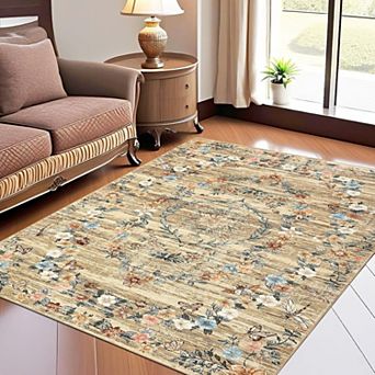 Modern Floral Area Rug Machine Washable Non Slip Low Pile Indoor Carpet for Living Room Bedroom