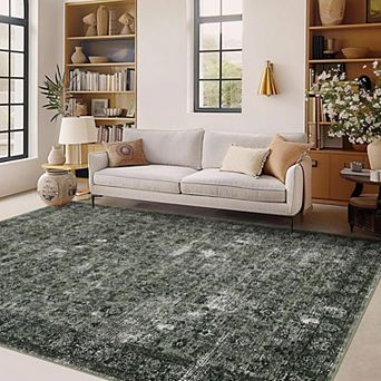 Vintage Boho Floral Area Rug Machine Washable Non Slip Low Pile Indoor Carpet for Hallway Kitchen