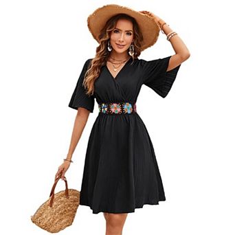 Womens Floral Summer Midi Dress V Neck Flutter Short Sleeve High Rise Flowy A Line Textured Sundress