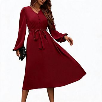 Womens Spring Summer Maxi Dress Balloon Long Sleeve V Neck Long A Line Wedding Guest Dress with Belt