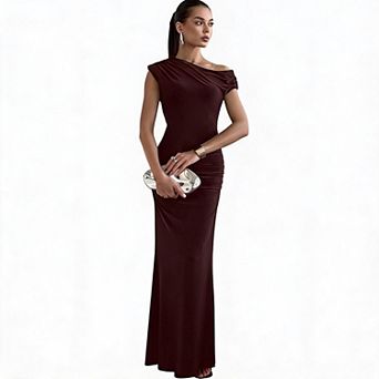 Women's One Shoulder Ruched Formal Maxi Dress Pencil Hem Curve Hugging Fit Wedding Proms Long Dress
