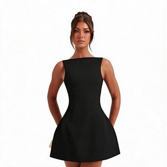 Womens Summer Mini Dress Sleeveless Boat Neck Backless Zipper A Line Cocktail Party Short Dresses