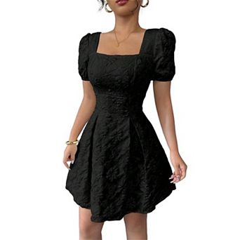 Women's Floral Mini Dress Embossed Puff Short Sleeve Square Neck A Line Wedding Guest Short Dresses