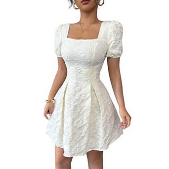 Women's Floral Mini Dress Embossed Puff Short Sleeve Square Neck A Line Wedding Guest Short Dresses