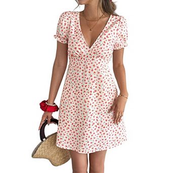 Womens Summer Midi Dresses Wrap V Neck V Back Casual Floral Short Sleeve Drawstring A Line Sundress
