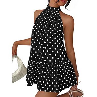 Womens Halter Back Tie MIni Dress Summer A Line Polka Dot Ruffle Flowy Vacation Party Short Sundress