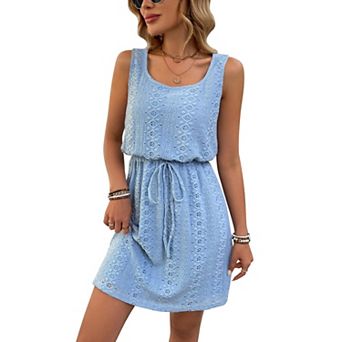 Womens Spring Summer Mini Tank Dresses Hollow Out Textured Drawstring Waist Square Neck Casual Dress