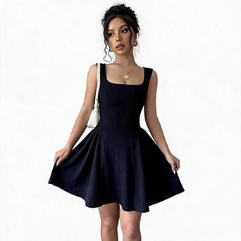 Womens Sleeveless Wrap Midi Dress Summer Square Neck A Line Cute Pleated Flowy Short Tank Dresses