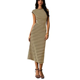 Women's Striped Bodycorn Maxi Dress Casual Cap Sleeve Crewneck Knit Summer Fashion Long Dresses