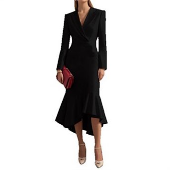 Womens Work Maxi Dresses Long Sleeve Lapel V Neck Asymmetrical Ruffle Hem Business Long Pencil Dress