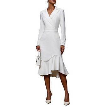 Womens Work Maxi Dresses Long Sleeve Lapel V Neck Asymmetrical Ruffle Hem Business Long Pencil Dress