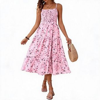 Women's Floral Cottagecore Maxi Dress Adjustable Spaghetti Strap Smocked A Line Casual Long Sundress
