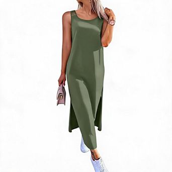 Womens Summer Maxi Dress Sleeveless Crewneck Casual Split Hollow Out Floral Beach Vacation Sundress