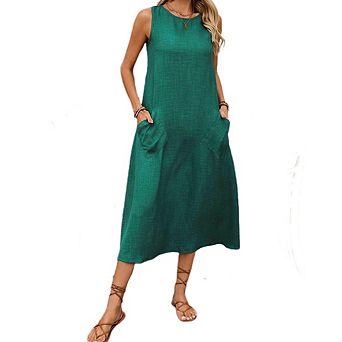 Women's Sleeveless Crewneck Midi Sundress with Pockets Casual Summer Beach Travel Vacation
