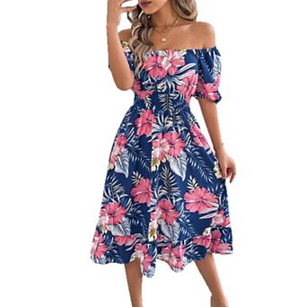 Women's Square Neck Puff Sleeve Floral A Line Midi Dress Off Shoulder Flowy Summer Vacation