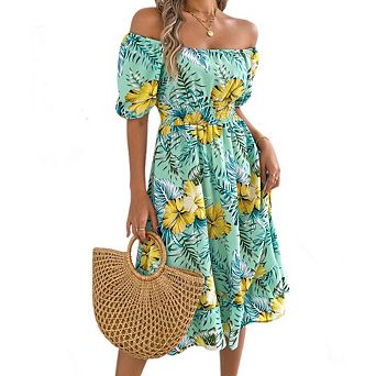 Women's Square Neck Puff Sleeve Floral A Line Midi Dress Off Shoulder Flowy Summer Vacation