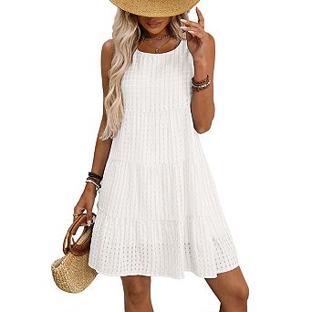 Women's Summer Sleeveless Ruffle Plaid Hollow Out Babydoll Dress Flowy Beach Cover Up Sundress