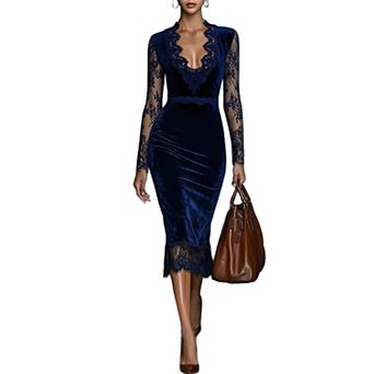 Women's V Neck Floral Lace Bodycon Pencil Dress Long Sleeve Cocktail Wedding Guest Outfit