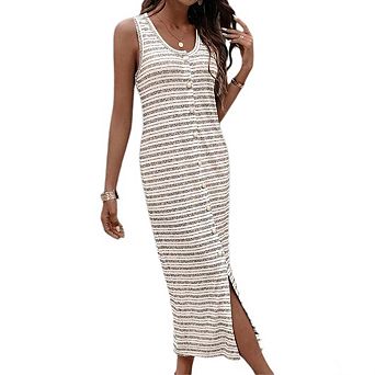 Women's Ribbed Knit Tank Midi Dress Striped Button Front Fitted Dress for Summer Beach Vacation