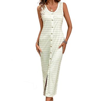 Women's Ribbed Knit Tank Midi Dress Striped Button Front Fitted Dress for Summer Beach Vacation