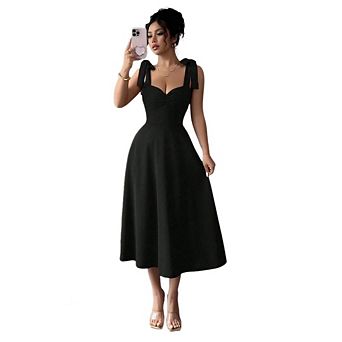 Women's Bow Ruffle Midi Dress Elegant Summer Wedding Guest Cocktail Party Outfit