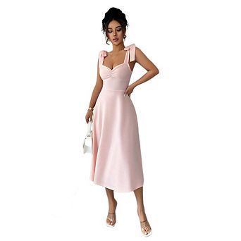Women's Bow Ruffle Midi Dress Elegant Summer Wedding Guest Cocktail Party Outfit