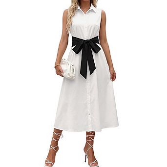 Women's Linen Collared Sleeveless Shirt Dress V Neck Color Block Button Down Midi with Bow Tie