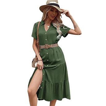 Women's Short Sleeve Button Down Shirt Midi Dress Loose Summer Casual Beach Cover Up