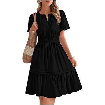 Women's V Neck Tiered Ruffle A Line Mini Sundress Short Sleeve Flowy Summer Dress