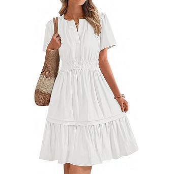 Women's V Neck Tiered Ruffle A Line Mini Sundress Short Sleeve Flowy Summer Dress