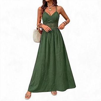 Women's Spaghetti Strap V Neck Patch Lace A Line Maxi Dress Boho Flowy Summer Beach Sundress